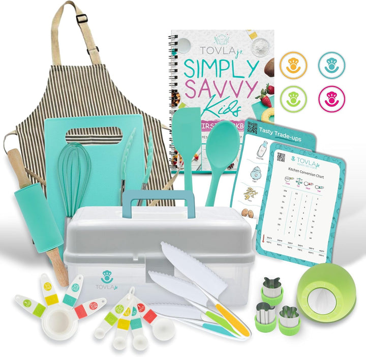 Jr. Kids Real Cooking and Baking Gift Set with Cookbook and Storage Case- Montessori Complete Cooking Supplies for the Junior Chef - Set for Girls & Boys - Utensils and Kid Safe Knives.