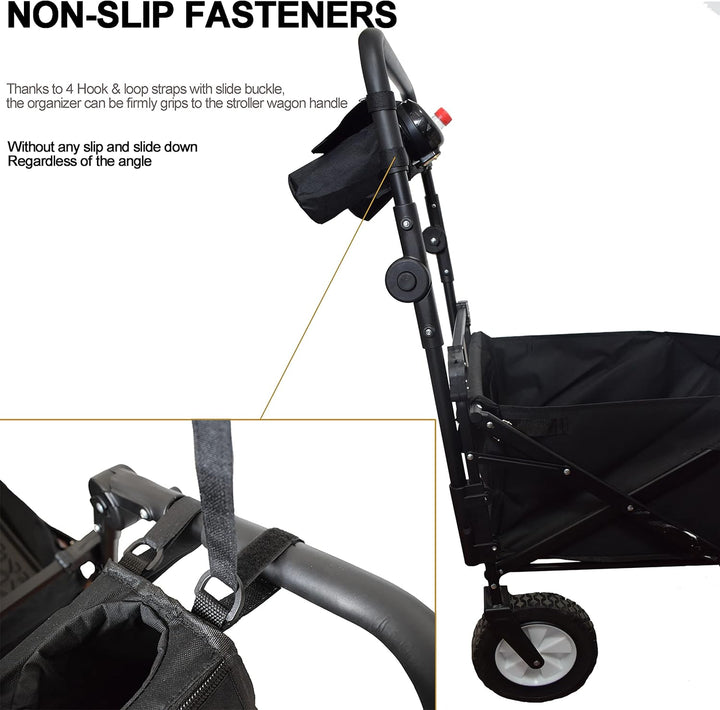 Non-Slip Organizer for Wagon, Parent Console Caddy with Cup Holders Universal for Folding Kids Pet Stroller Adjustable Straps Zippered Pockets Storage Phone Bag Attachment Accessories Black