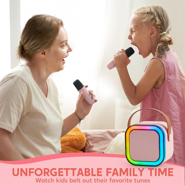 Karaoke Machine, Mini Karaoke Machine with 2 Wireless Microphones for Kids and Adults, Bluetooth Speaker Toys, Birthday Girls Gift for Ages 3,4, 5, 6,7, 8,9,10,11,12+ Years Old(Pink)