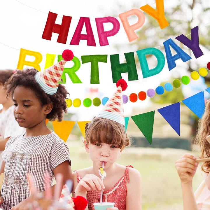 Rainbow 3D Happy Birthday Banner, Felt Garland, Triangle Pennants, Reusable Party Decorations