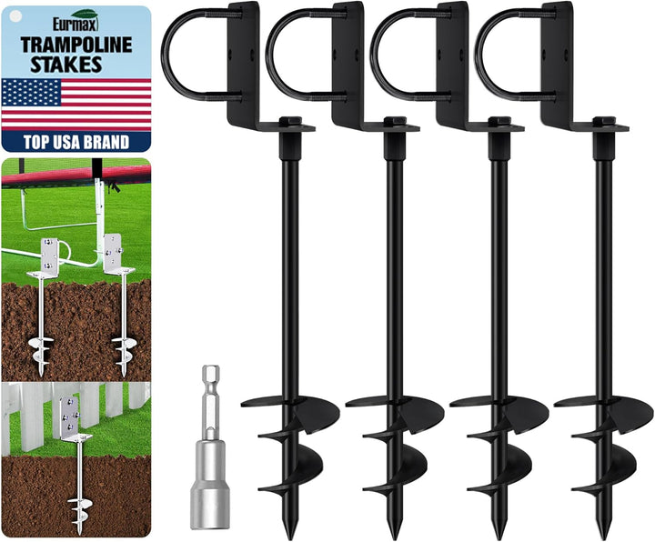 USA Trampoline Stakes Heavy Duty Trampoline Parts Corkscrew Shape Steel Stakes Anchor Kit with T Hook for Trampolines -Set of 4 Bonus 4 Strong Belt,Black
