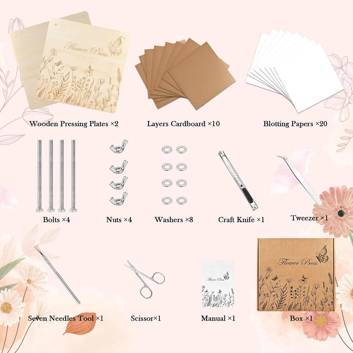 Extra Large 11”X11” Flower Press - 10-Layer Wooden Press for DIY Flower Preservation with Storage Bag, Adult Craft Kit