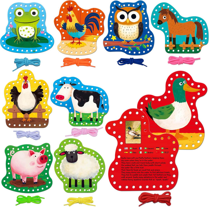 9 Pieces Kids Lacing Cards, Double Sided Sewing Cards in 9 Wild Animals with 9 Colorful Laces, Imagination Development Lacing Toys Games for Children Educational and Learning Activity