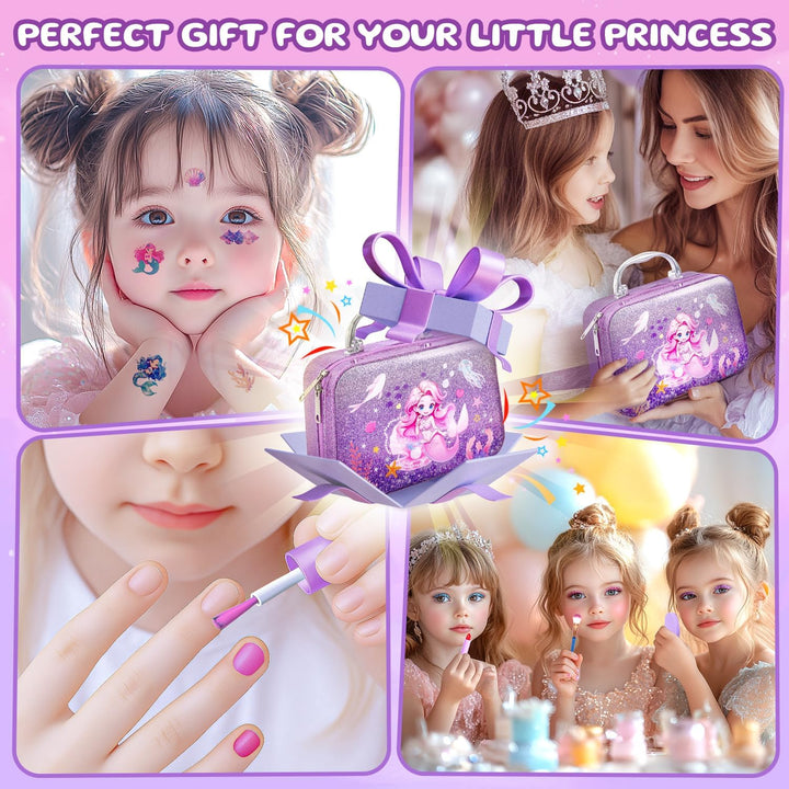 Kids Makeup for Toddlers Toys, Washable Make up Set Non-Toxic Mermaid Toys for Girls Purse, Princess Pretend Play Hair & Nail Polish Accessories, Christmas Birthday Gift Toys for Girls 3+