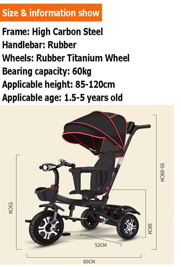 Folding Toddler Stroller Buggies, Parent Steering Tricycle with Pushrod, Children Pram Headlight and Shock Spring, Reversible Seat Guardrail Belt(Black Purple)