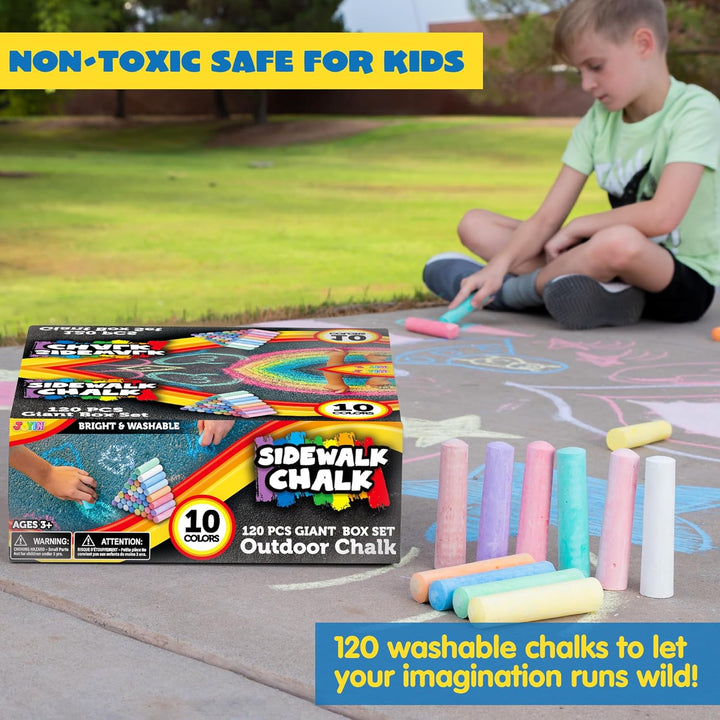 120 PCS Sidewalk Chalks for Kids Giant Box Non-Toxic Jumbo Colored Washable Sidewalk Chalk for Toddlers in 10 Colors