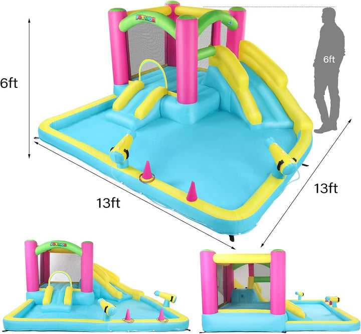Inflatable Bounce House with Double Water Slide for Kids Toddler Age 3-10, Splash Pool Water Cannons, Ring-Toss Games for Outdoor Backyard Fun Water Toys, Indoor Bouncy Castle with Air Blower