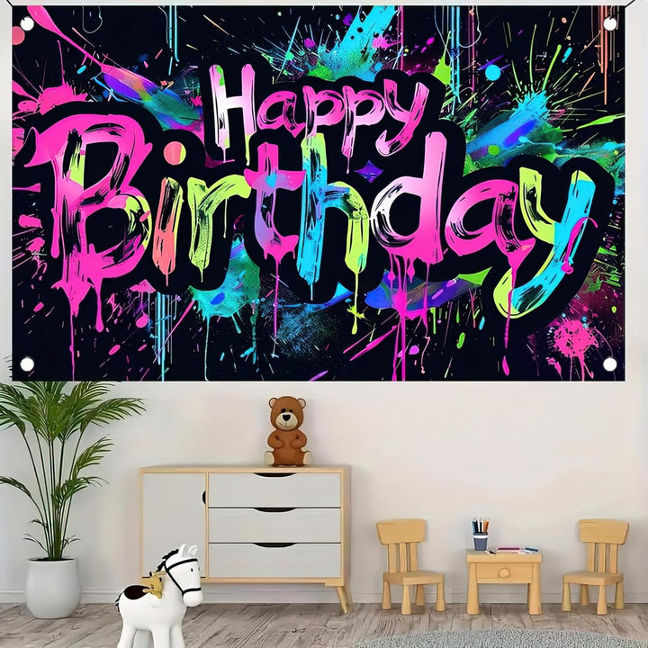 Neon Happy Birthday Banner - 71X43 Photography Backdrops, Party Background Decorations, Colorful Graffiti Splash Paint Kids Birthday Supplies, Glow in the Dark