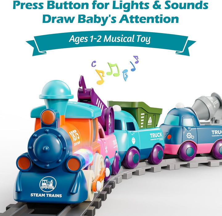 Train Set for Toddlers, Magnetic Train Toys for Toddlers 3+, 4Pcs Trucks Toy Train for Boys and Girls, Birthday Christmas Toy Gifts for 3 4 5 6 7 8 Years Old