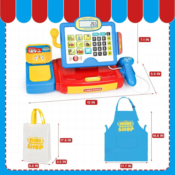 Cash Register Toy for Kids with Real Calculator, Cashier Register with Scanner/Weighter/Credit Card/ Play Money/ Food/Microphone, Pretend Play Store with Apron and Shopping Bag for Kids 3 4 5 6 7