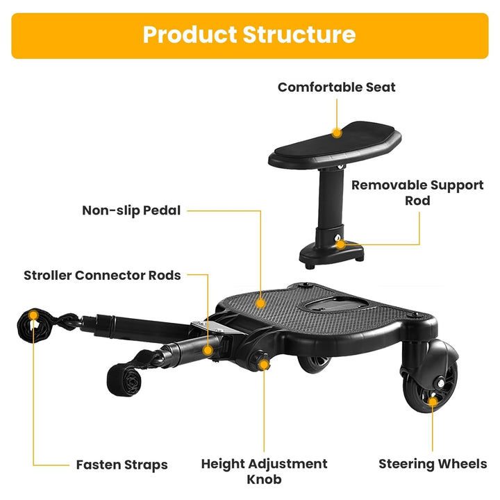 Universal Stroller Board with Detachable Seat, 2-In-1 Stroller Ride-On Board for Toddler, Fits Most Stroller Brands, Sit and Stand Stroller Attachment, Holds up to 55 Lbs for Kids Ages 3-7