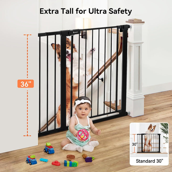 36" Extra Tall Baby Gate for Stairs and Doorways - Fits 29.5" to 48.8" Wide Openings, Auto Close Extra Wide Dog Gate for House, Pressure Mounted Easy Walk through Pet with Door, Black