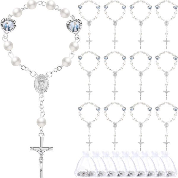 30 Sets Baptism Mini Rosary with Organza Bags Faux Pearls Baptism Rosary Favors for Guests Catholic Finger for Christening Weddings Party Favors First Communion Gift(Silvery)
