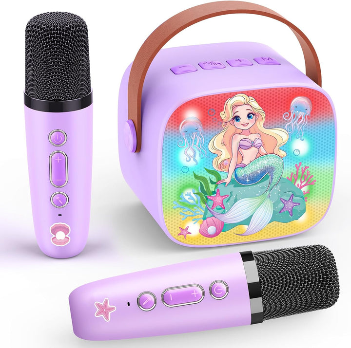Mini Karaoke Machine Toys Gifts: Kids Toys Birthday Gifts for 4 5 6 7 8 9 Years Old Girl Boy LED Portable Bluetooth Speaker with 2 Wireless Microphone Girl Boy Kid Adult Gift Age 3-12+