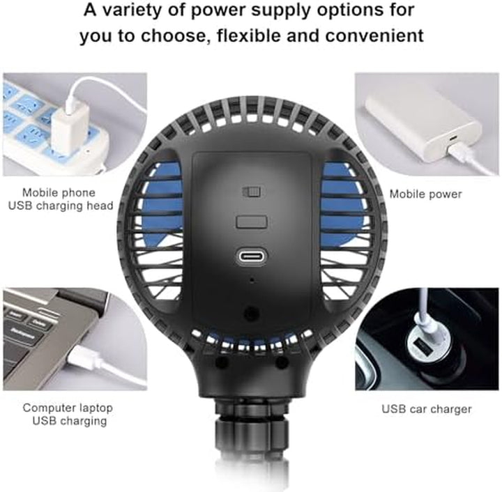 Portable Stroller Fan, USB or Rechargeable Battery Operated with 3 Speeds and 360°Rotate, Cooling Clip on for Baby Crib Travel Car Seat Black