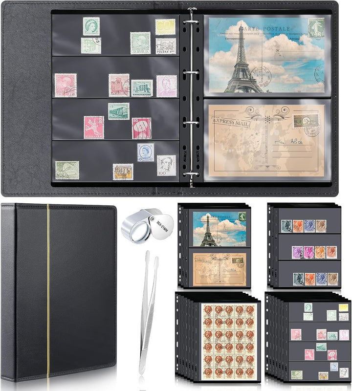 Stamp Collecting Albums Set Stamp Collection Book Include 20 Pages Album Binder Tweezer and Loop Magnifier Collecting Supplies for Collectors(Black,1/2/3/4 Rows)