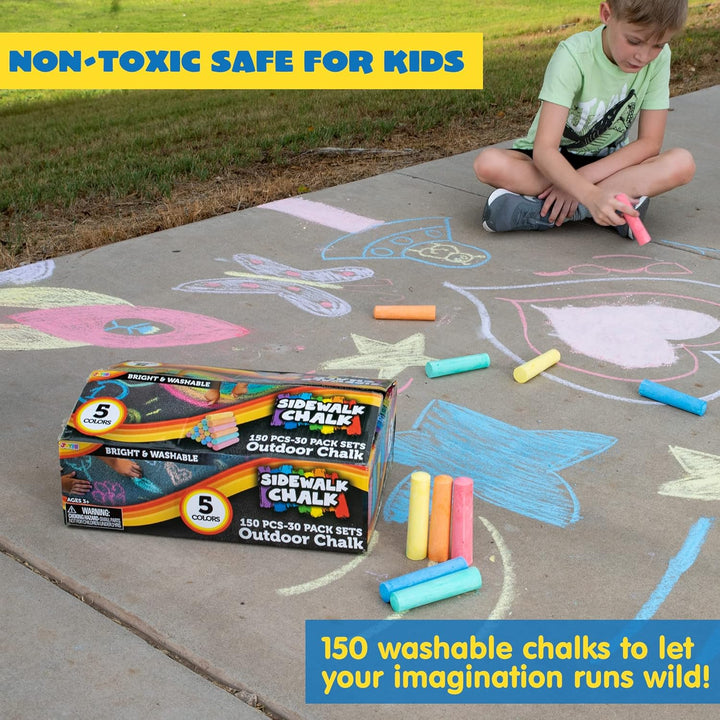 150 Pcs Sidewalk Chalk Set in 30 Packs, 5 Colors, Giant Box Non-Toxic Jumbo Washable Chalk for Outdoor Art Play, Painting on Chalkboard, Kitchen, Blackboard, Playground, Outdoor