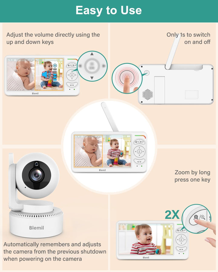6" Baby Monitor with 2 Cameras 4000Mah Battery Upgrade Split Screen Video Baby Monitor No Wifi Remote Pan-Tilt-Zoom Auto-Night Vision 150 Languages ECO Mode 2-Way Talk 1000FT (Ideal Condition)