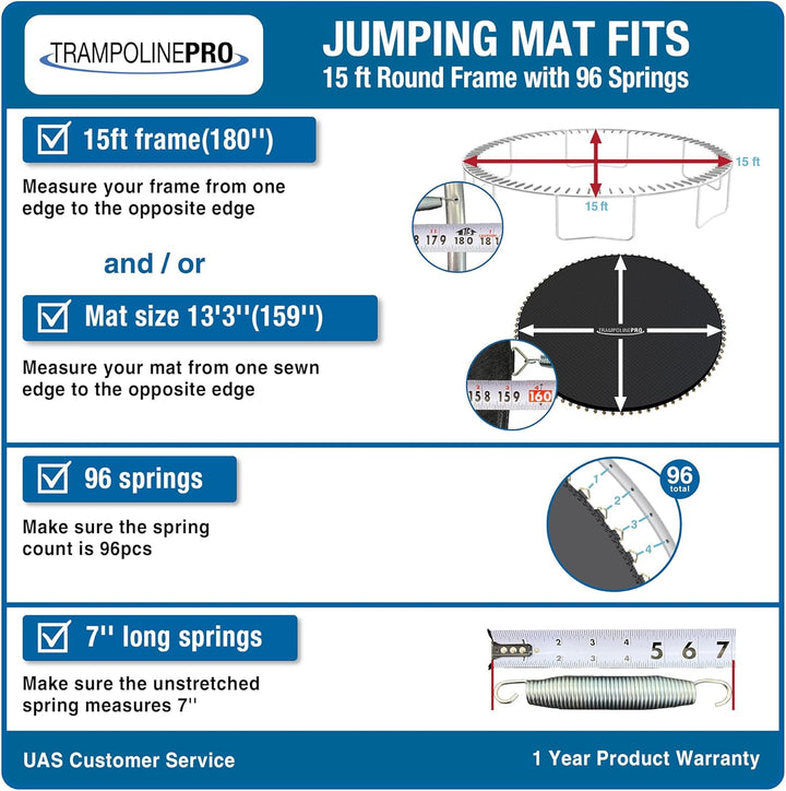 Trampoline Mat Replacement 15 Ft for 96 Springs with 7" Spring Length, Trampoline Replacement Mat 159" Diam W/ 96 Rings (Springs Sold Sperate) UV & Safety Certified Trampoline Mat