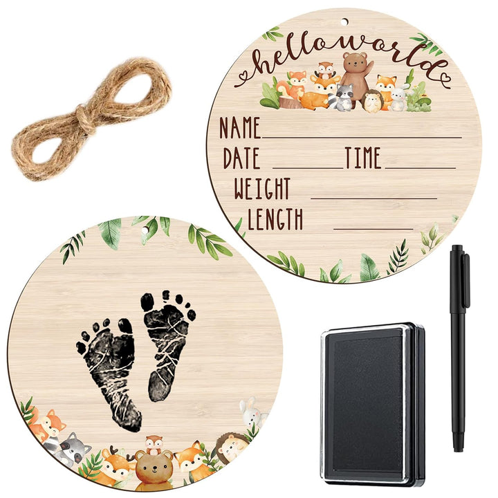 Baby Announcement Wooden Name Sign for Hospital Birth Double Sided Newborn Welcome Sign with Marker Pen and Ink Pad for Baby Shower Hand Footprints(Jungle)