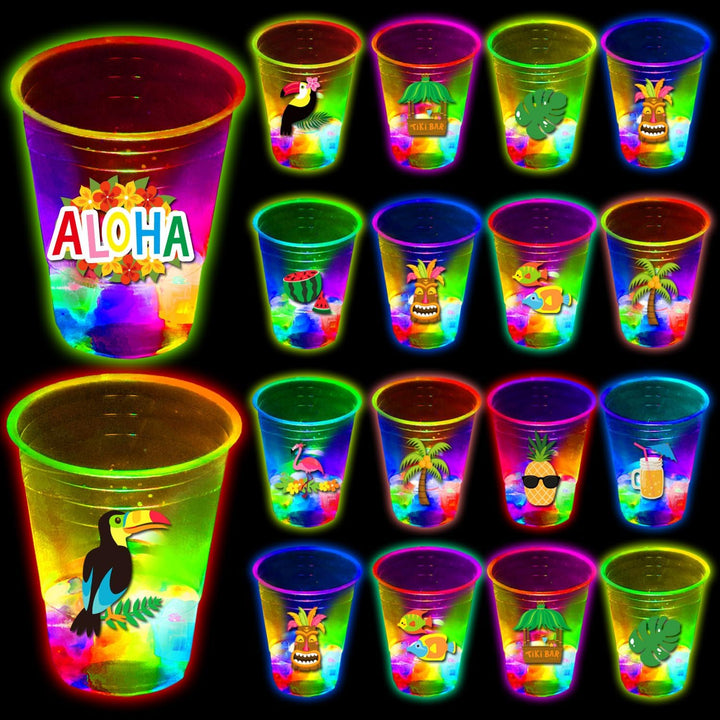 24 Pcs Glow Hawaiian Luau Party Cups, Flashing Tiki Party Cups, Tropical Luau Party Decorations Hawaiian Party Supplies Favor (16Oz)