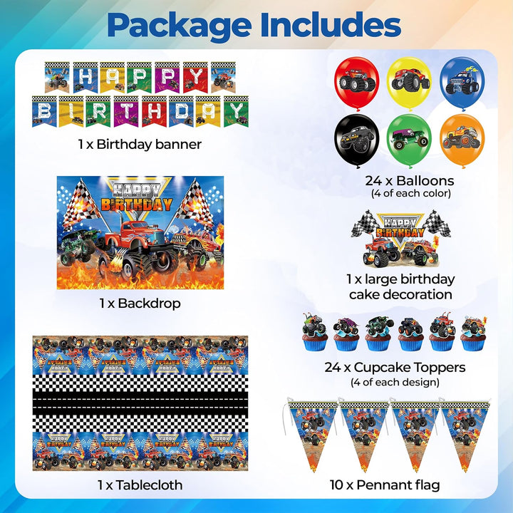 Monster Truck Birthday Party Decorations, Hot Jam Monster Wheels Party Supplies, Boys 3Rd 4Th 5Th Birthday, Monster Truck Decor, Balloons, Banner, Backdrop, Cup Cake Toppers, Tablecloth