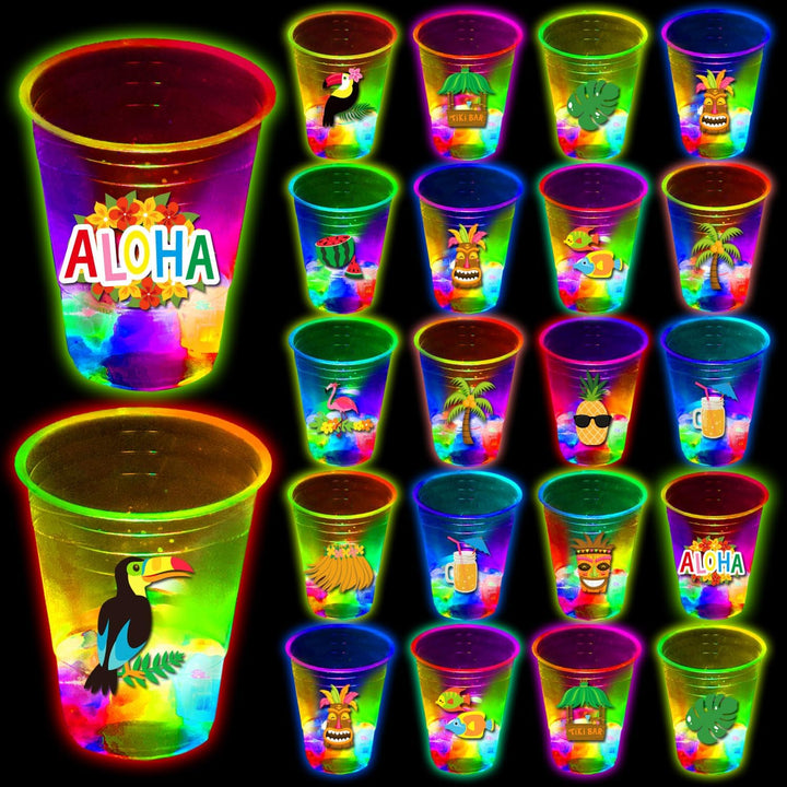 24 Pcs Glow Hawaiian Luau Party Cups, Flashing Tiki Party Cups, Tropical Luau Party Decorations Hawaiian Party Supplies Favor (16Oz)