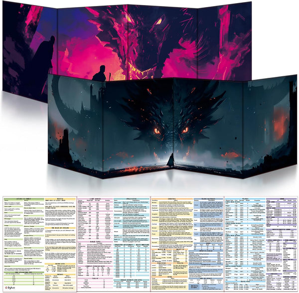 2 PCS DM Screen for D&D 5E with 2 Immersive Themes，Waterproof Reusable Surface, Tri-Fold Portable Design Folds to A4 Size DND Accessories Compatible with Players Handbook