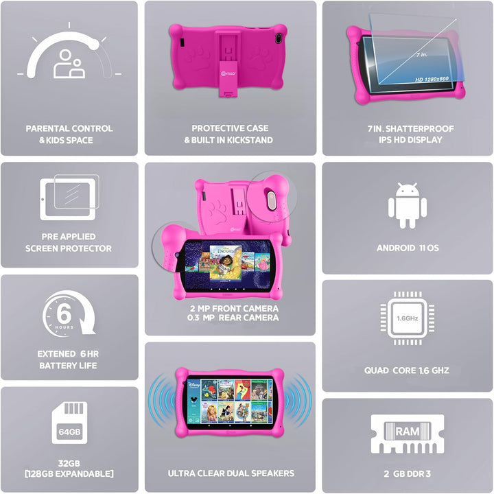 7" Disney Kids Learning Tablet Bundle - Headphones, Stylus & Bag, Pre-Installed Disney Storybook (Value $200) & Teacher-Approved Apps, Parental Controls, Ideal for Education - Pink