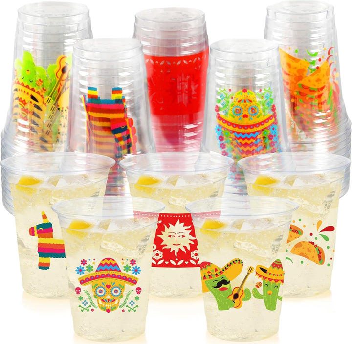 50Pcs Fiesta Cups,12Oz Plastic Disposable Clear Mexican Cups with 5 Pattern Designs for Cinco De Mayo Drinkware Party Supplies Taco Birthday Party Decorations