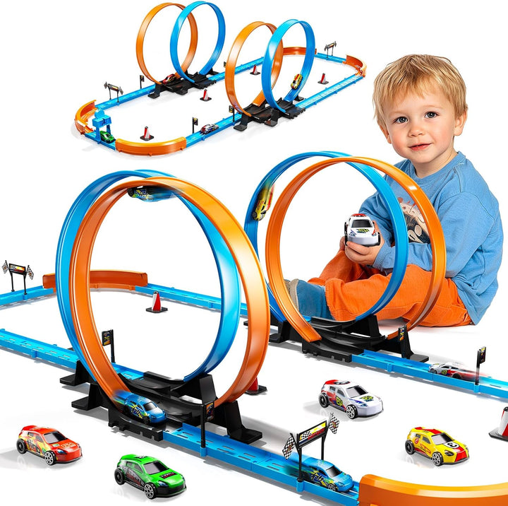 Toy Car Track Set for Boys Kids Age 3-5 4-7 8-12, Long Race Tracks with 4 Action Loops and 4 High-Speed Slot Cars, 35+ Pieces of Race Track to Create Multiple Configurations