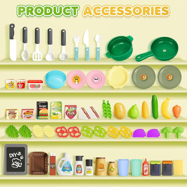 Kids Play Kitchen Set, Toddler Kitchen Playset with Sound & Light, Cooking Stove with Steam, Play Sink, Play Food Toy and Kitchen Accessories, Kitchen Toy for Kids Girls Boys (31.5 * 22 * 8.6In)