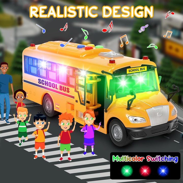 Yellow School Bus Toys for Toddlers 1-3 with 4 Different Flashing Lights & Sound, Back and Side Doors Open Friction-Powered Wheels Light up Toy Buses Birthday Gift 2 3 4 Year Old and up Girl Boy Toys