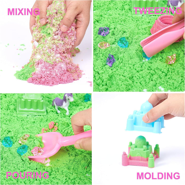 Unicorn Sensory Bin, Castle Molds, Sand Art Kit for Boys and Girls, Squishy Sand for Toddlers 3+