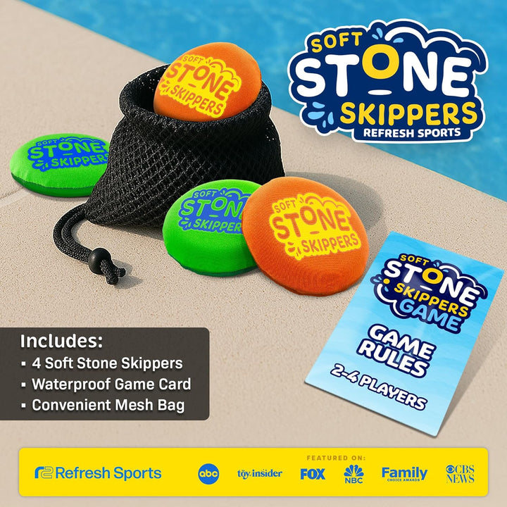 Soft Stone Skippers Game – Fun Pool Toys for Kids All Ages - 4 Pack Water Skipping Discs Set – Best Beach Games Gifts for Boys & Girls Ages 5 6 7 8 9 10 11 Year Old & up - Water Bouncing Skip Ball Toy