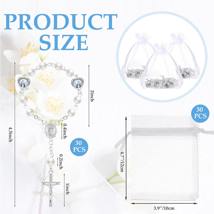 30 Sets Baptism Mini Rosary with Organza Bags Faux Pearls Baptism Rosary Favors for Guests Catholic Finger for Christening Weddings Party Favors First Communion Gift(Silvery)