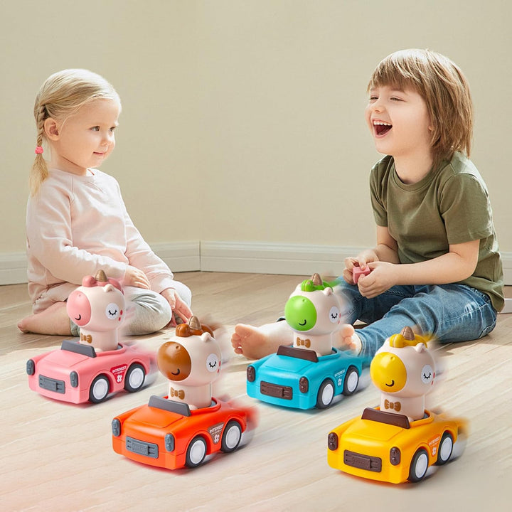Wind up Press Cars, Four Unicorn Play Figure Racing Cars Set for Toddlers Baby Boys Girls,Animal Vehicle Toys, Press Then Go