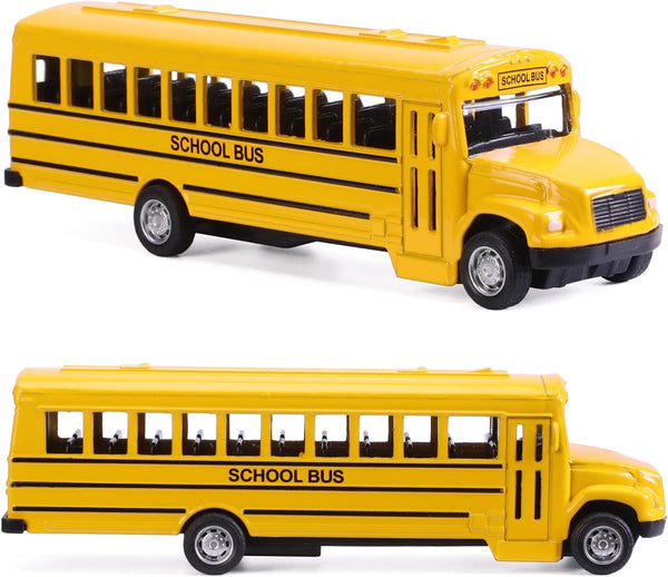 2 Pack Pull Back Bright Yellow School Bus Toys, 5.5" Die-Cast Metal Friction Powered Toy Vehicles for Kids Boys Girls