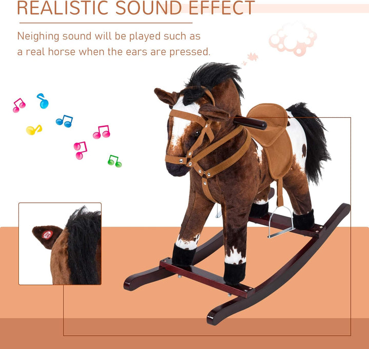 Kids Metal Plush Ride-On Rocking Horse Chair Toy with Realistic Sounds - Dark Brown/White