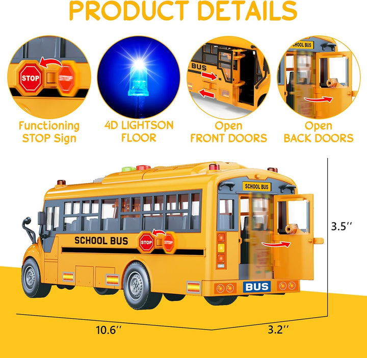 Yellow School Bus Toys for Toddlers 1-3 with 4 Different Flashing Lights & Sound, Back and Side Doors Open Friction-Powered Wheels Light up Toy Buses Birthday Gift 2 3 4 Year Old and up Girl Boy Toys
