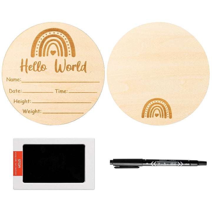 Baby Birth Announcement Sign with Marker Pen, Mallard Duck Baby Name Sign with Ink Pad for Hand and Footprints, Wooden Hello World Newborn Announcement Nursery Decor Keepsake Gifts
