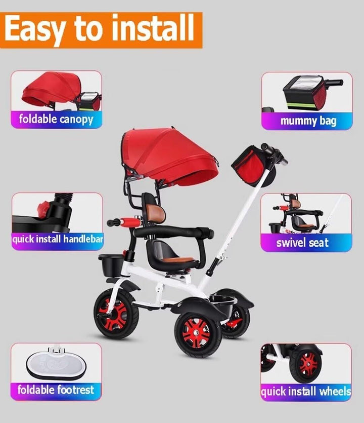 Reversible Seat Toddler Stroller Buggies, Children Pram with Canopy, High Back Guardrail and Belt, Parent Steering Tricycle Handle(White Red,No Headlight)