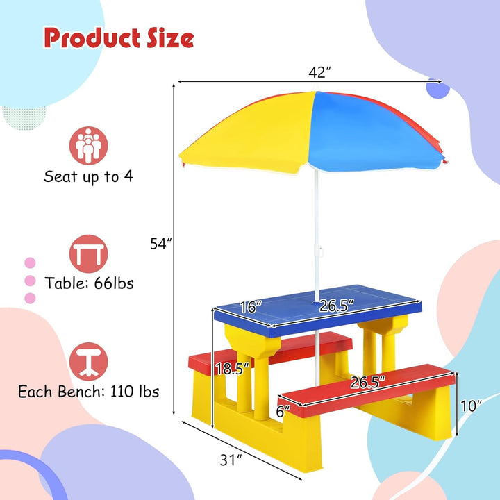 Kids Picnic Table, Kids Outdoor Table and Chairs with Removable and Adjustable Umbrella, Portable Toddler Picnic Table for Patio, Backyard, Garden (Colorful)