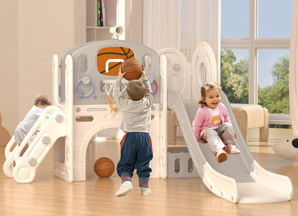 8 in 1 Toddler Slide Set, Kids Slide for Toddlers Age 1+, Toddler Climber Slide Playset with Basketball Hoop and Ball,Outdoor Indoor Playground for Toddlers 1-3 (Beige Grey, 8 in 1)