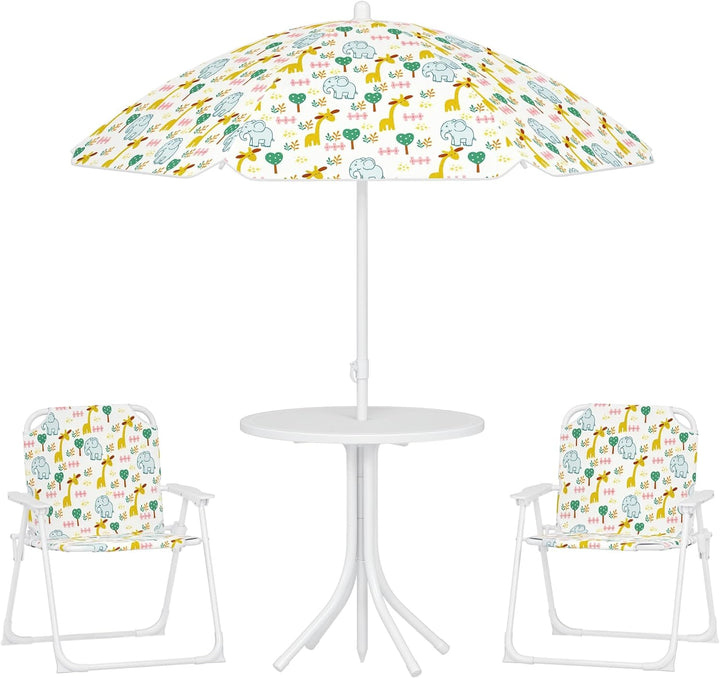 Kids Picnic Table and Chair Set, Outdoor Activity Table with Foldable Chairs, Removable Umbrella, Rainbow Pattern Toddler Patio Furniture for Backyard, Garden, Pink