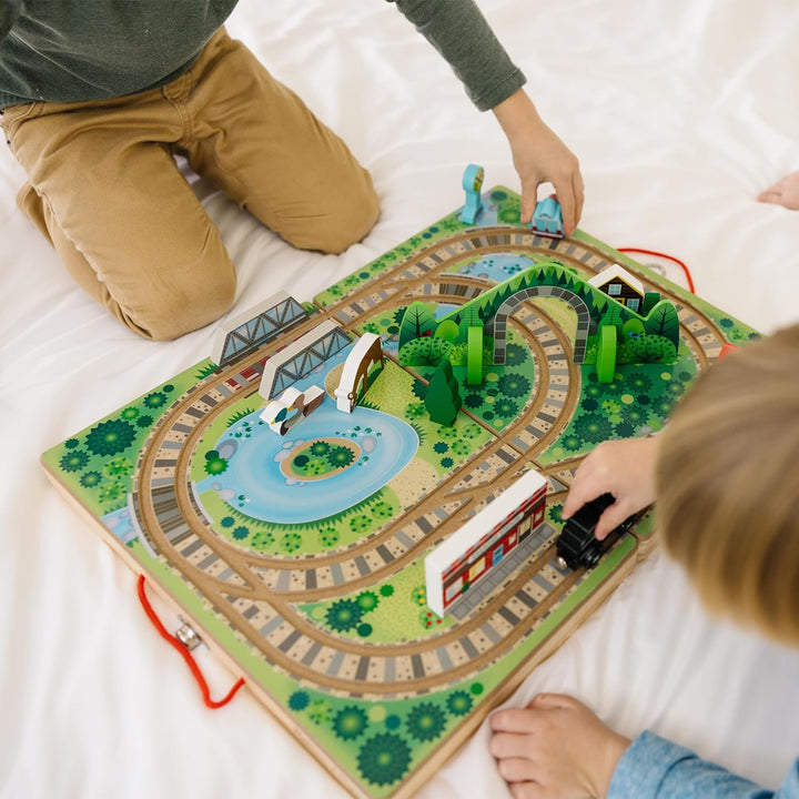 17-Piece Wooden Take-Along Tabletop Railroad, 3 Trains, Truck, Play Pieces, Bridge - FSC Certified