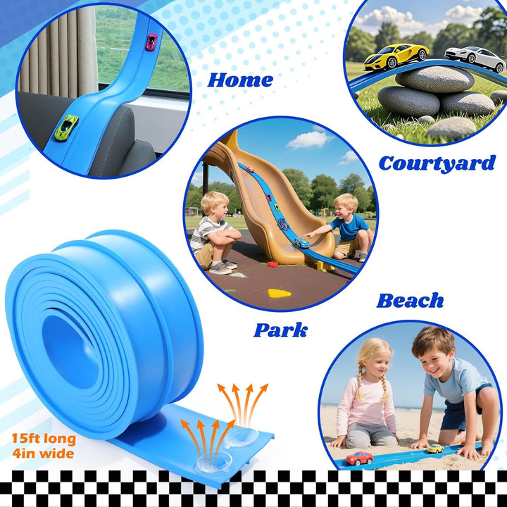 Flexible Race Track Toys for Kids: 15 Ft Flex Race Car Ramp Track with Suction Cups - Rolls up Portable DIY Racetrack Compatible with Diecast 1/64Th Cars Model - Birthday Gifts for Boys Girls Ages 3+