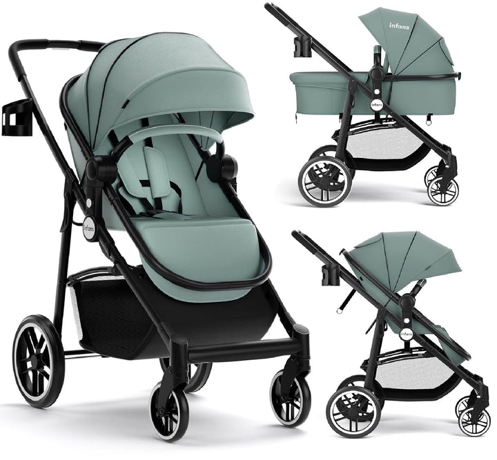 2 in 1 Baby Stroller, High Landscape Infant Stroller & Reversible Bassinet Pram, Foldable Pushchair with Adjustable Canopy, Cup Holder, Storage Basket, Suspension Wheels (Green)