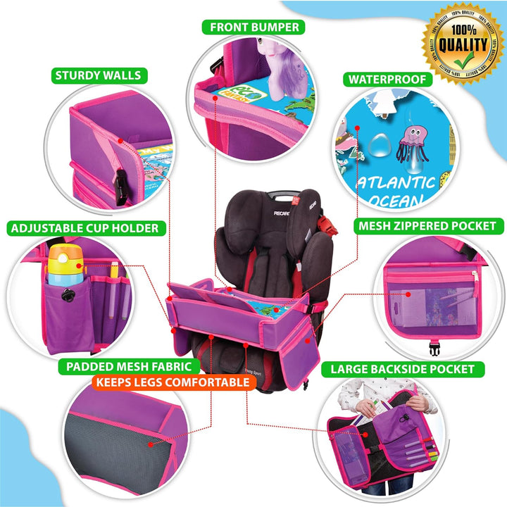 Kids Travel Tray - Waterproof Lap Table with No-Drop Large Tablet Holder - Car Seat Tray - Road Trip Essentials Kids - Car Desk Organizer for Airplane - Toddler Travel Essentials (Pink)