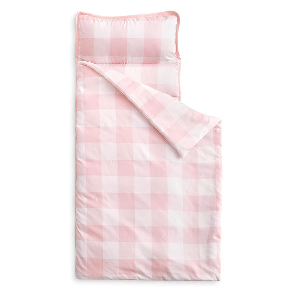 - Toddler Nap Mat with Pillow and Blanket, for Kids Boys Girls in Kindergarten Daycare Preschool Pre K, Roll up Sleeping Bag, Gingham Plaid Grid Checkered, Light Pink White, Standard